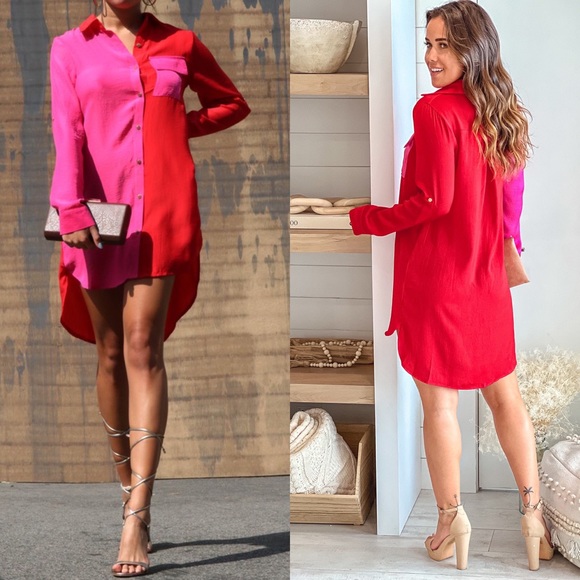 My Funny Valentine Red and Pink Colorblock Shirt Dress - Picture 5 of 5